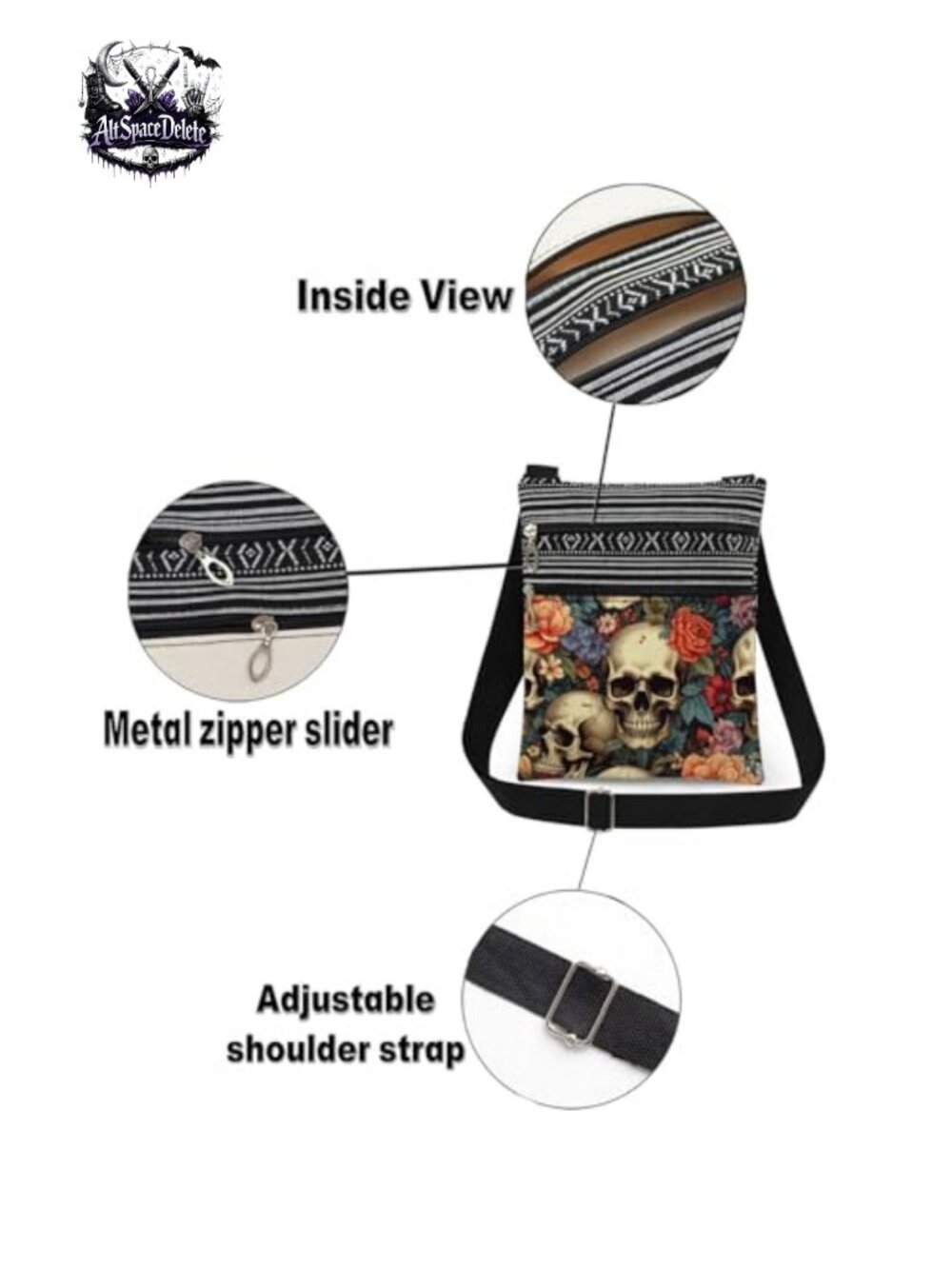 Polyester Skull Floral Print Crossbody Bag Adjustable Strap Double Zip - Picture 5 of 6